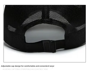 Detail of adjustable snapback buckle and breathable mesh on black outdoor baseball cap