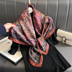 Vintage Floral Print Satin Like Polyester Satin Square Scarf Large Shawl Wrap For Women Headscarf Hijab Art Pattern