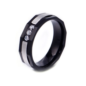 Two-tone titanium steel ring with black geometric facets and three CZ diamonds