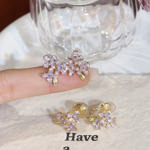 Sparkly lavender flower stud earrings and clip set with fine glitter enamel finish