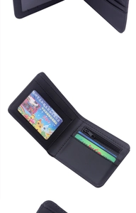 Detailed view of the black bi-fold wallet featuring an ID window and zipper coin pocket