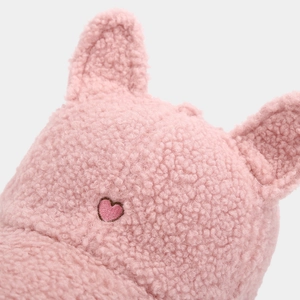 Close-up of pink faux shearling hat with 3D animal ears and heart embroidery detail