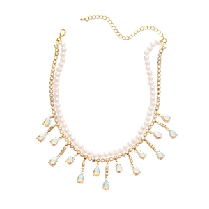 Double-layered gold necklace with pearls, rhinestones, and iridescent teardrop pendants