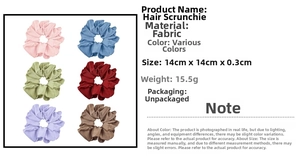 Detailed specs of 14cm elastic satin scrunchies in six vibrant colors for women
