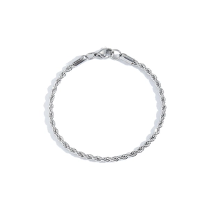 Detail of silver stainless steel rope chain bracelet with secure lobster clasp closure