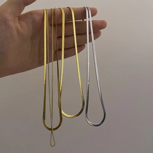 Double Layer Herringbone Flat Snake Chain Necklace Titanium Steel 18K Gold Plated Minimalist Elegant Jewelry Women