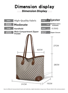 Detailed size chart for large capacity vintage tote bag with specific dimensions