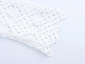 Detailed close-up of intricate white crochet lace pattern with floral hollow design