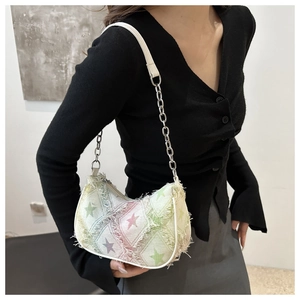 Ethnic style underarm bag with colorful diamond pattern and fringe chain strap