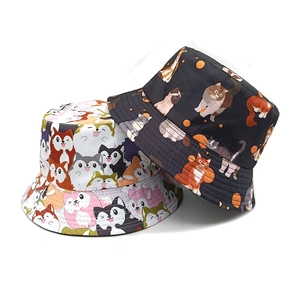 Women Bucket Hat Polyester Cartoon Cat Dog Animal Print Sun Protection Reversible Foldable Outdoor Casual Vintage Style