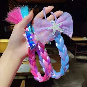 Kids candy colored braided hair extensions with sequin bow and star on elastic hair ties