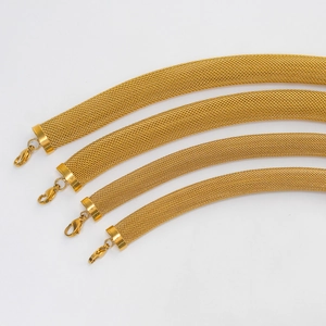 Detail of 18K gold-plated titanium steel mesh necklaces with secure lobster clasps