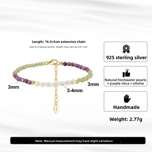 Handmade 925 silver bracelet with natural pearls, lepidolite, and peridot stones