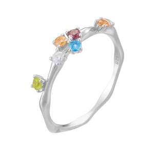 Detailed macro view of S925 silver ring featuring organic branch texture and colorful zircon