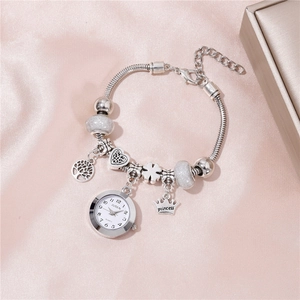 Elegant silver beaded bracelet watch with crown and tree of life charms for women