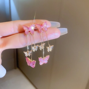 Boucles D'oreilles Papillon À Pompon Strass Cuivre Résine Avec Tige En Argent Élégantes Douces Pendantes Pour Femmes