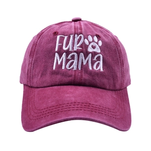 Vintage burgundy washed denim baseball cap with white Fur Mama heart embroidery