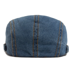 Retro blue washed denim beret cap with contrast brown stitching for men and women