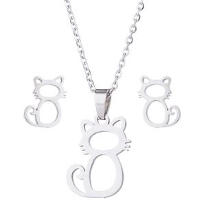 Detailed view of stainless steel jewelry set featuring hollow cat pendant and stud earrings
