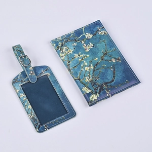 Detail view of Van Gogh Almond Blossom print on PU leather passport cover and luggage tag