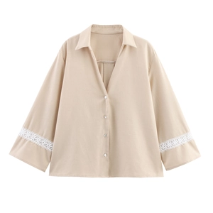 Women Blouse Shirt Lace Patchwork Long Sleeve V-Neck Single-Breasted Loose Casual Elegant Solid Color Top