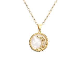 Gold pendant necklace with a circular shell inlay featuring crescent moon and star patterns