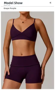 Grape purple recycled yoga set featuring thin strap bra and high waist fitness shorts
