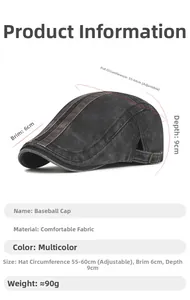 Detail view of washed denim flat cap with adjustable strap and size measurements