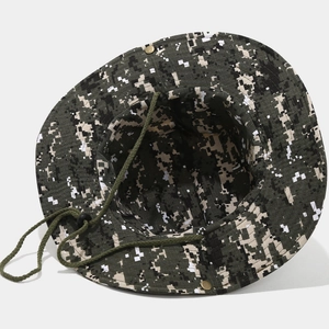 Detail of digital camo boonie hat with adjustable chin strap and side metal snap buttons