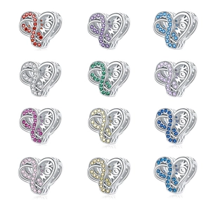 925 Sterling Silver Heart Infinity MOM Charm Bead With Zirconia Birthstone For DIY Bracelet Women Jewelry Mother's Day Gift