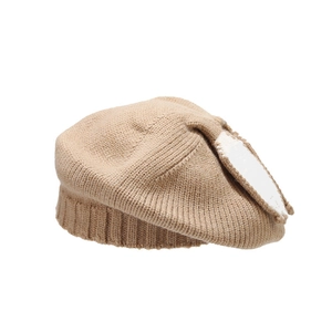 Kawaii rabbit ear knit beret hat in beige featuring a cozy ribbed texture for winter