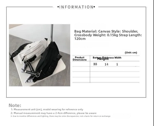 Size chart showing canvas crossbody chest bag dimensions 35x14cm and strap length 120cm