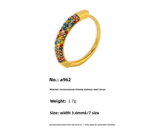 Detail view of 18K gold plated ring showing dimensions and colorful zircon stones