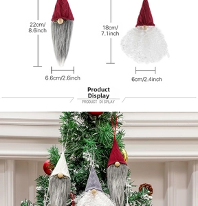 Detailed size specifications for handmade Christmas gnome ornaments with tree display