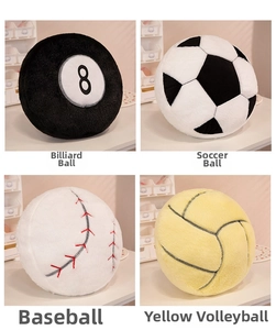Collage of plush sports ball pillows including billiard 8-ball, soccer, baseball and volleyball