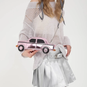 Creative pink metallic toy car-shaped crossbody bag with a silver chain strap for women