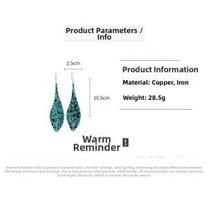 Detail view of water drop leaf earrings in blue marble finish with size measurement