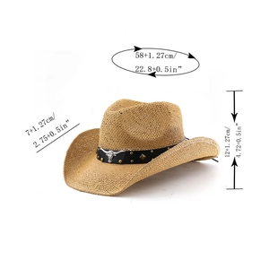 Detail view of woven cowboy hat featuring bull head metal buckle and size dimensions