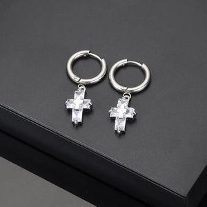 Silver titanium steel cross earrings with sparkling zircon inlay for men and women