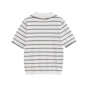 Back view of a white striped knitted top with scalloped edges and a Peter Pan collar