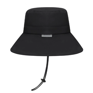 Waterproof black bucket hat with reflective safety strip and adjustable windproof cord