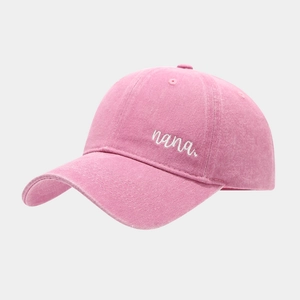 Pink washed cotton baseball cap with white nana embroidery and retro minimalist style