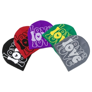Winter knit beanies with LOVE jacquard pattern and heart detail in five assorted colors