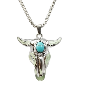 Detailed shot of skull pendant with turquoise stone and green enamel glow features