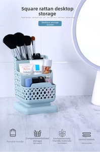 Light blue faux rattan organizer with three compartments for makeup brushes and skincare items