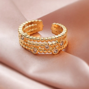 Adjustable gold plated wide band ring with three layers of beads and clear zircon stones