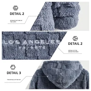 Blue sherpa hoodie with grid texture and LOS ANGELES embroidery, cozy fleece pullover top