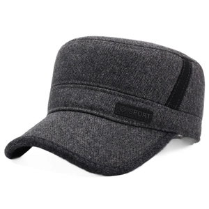 Men's winter military flat top hat in dark grey textured wool blend with sport patch
