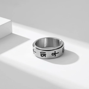 Close-up of rotating stainless steel ring with black Ankh and Eye of Horus symbols