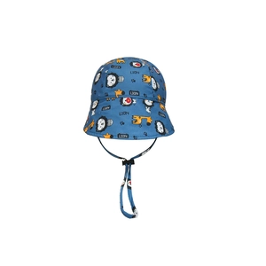 Close-up of blue cotton sun hat with lion print and adjustable chin strap details